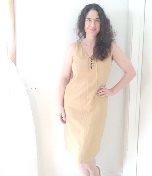 🍓Vintage 90s Y2K Linen Lace Up Dress Neutral M/L - Picture 4 of 6